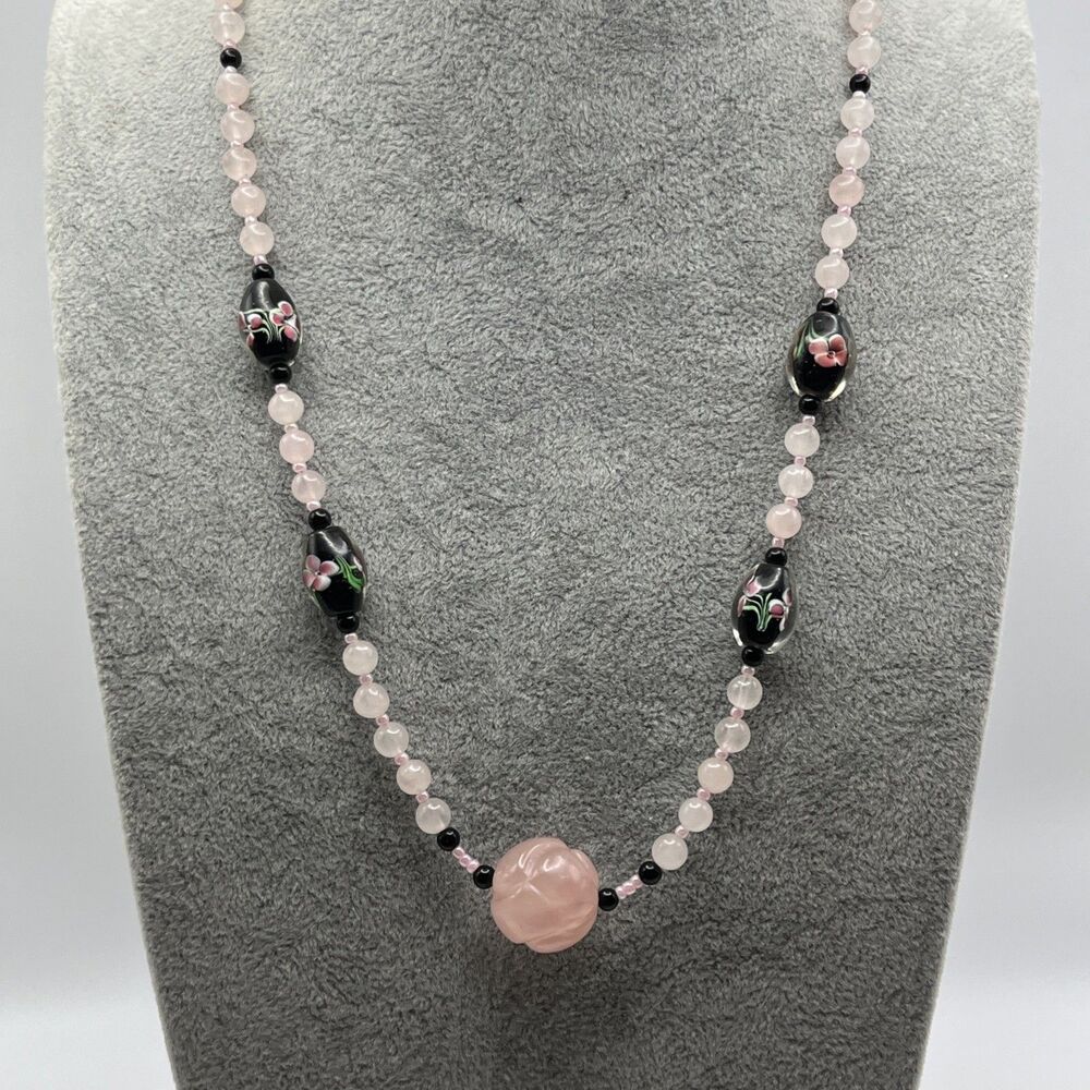 Beautiful Carved Rose Quartz Beaded Necklace With Art Glass Flower Beads